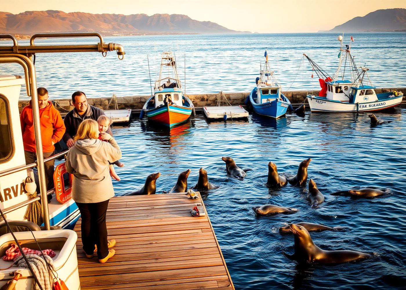 Caleta de Arica con lobos marinos y botes pesqueros